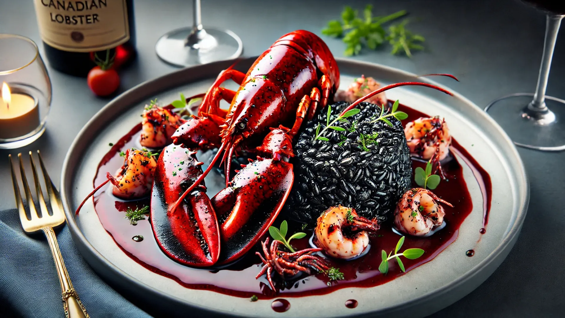 Canadian Lobster Stew with Cuttlefish Ink Risotto